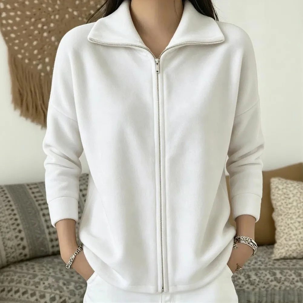Korean Style for velvet Jacket for Women Solid Color Long Sleeve Zippered Coat Autumn Winter Casual Loose Fit Outerwear