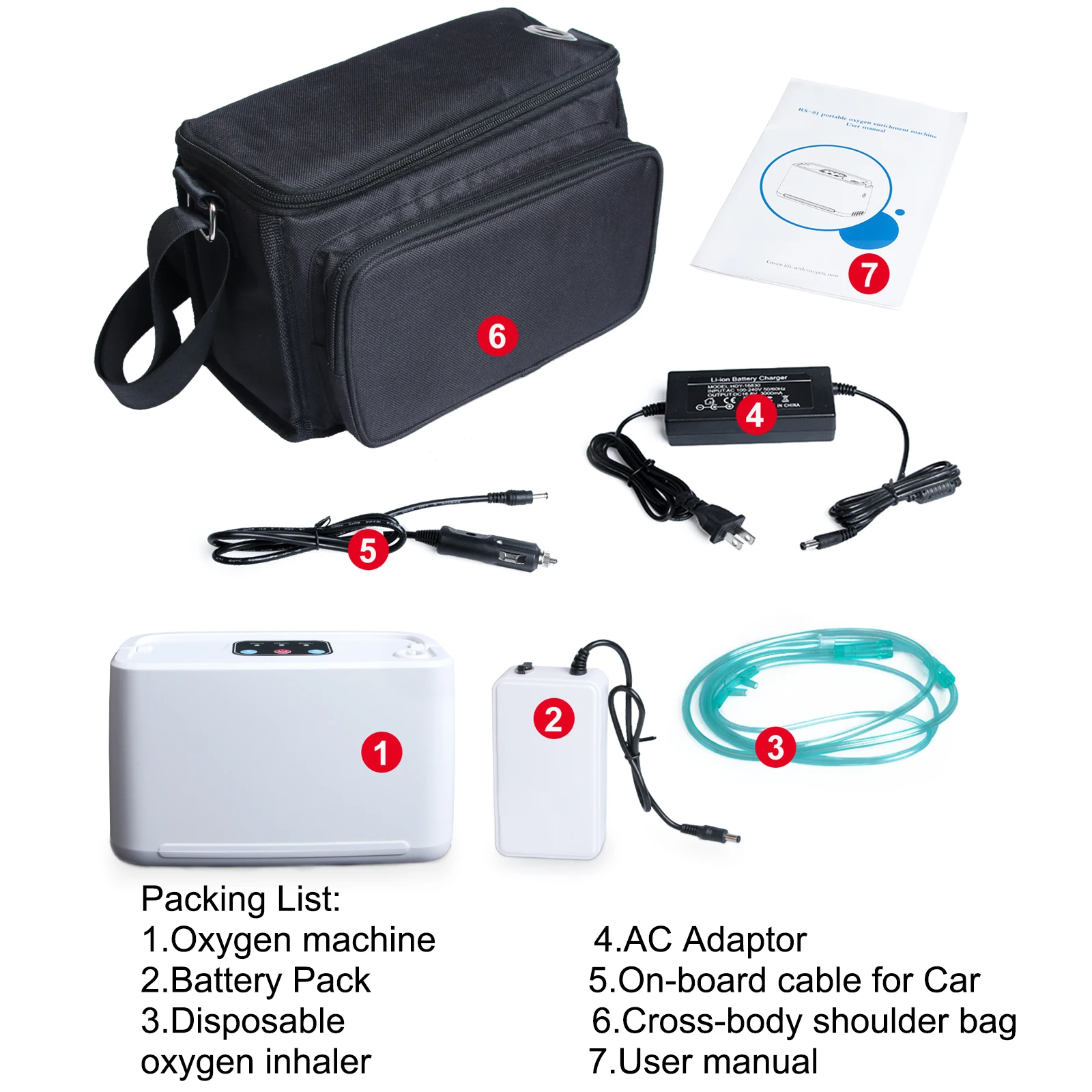 Concentratore di ossigeno da viaggio Macchina per ossigeno a flusso di impulso da 3 litri 90% ±2% Supporto per l'uso con accendisigari per auto e batteria