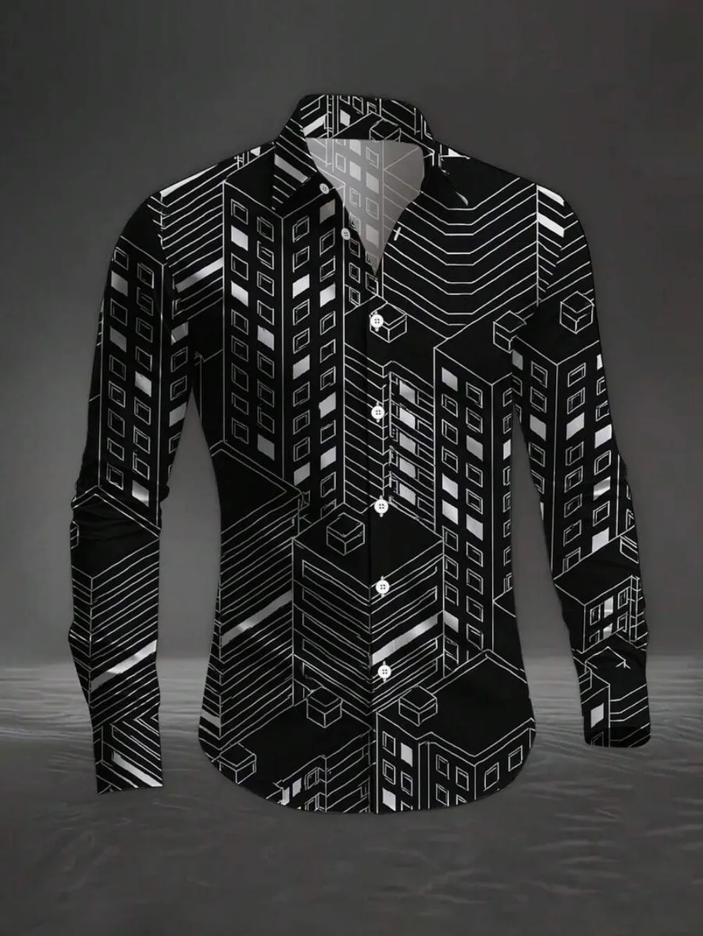 Men's long-sleeved printed shirt featuring urban architecture-inspired designs, with a stylish casual button-down collar, suitab
