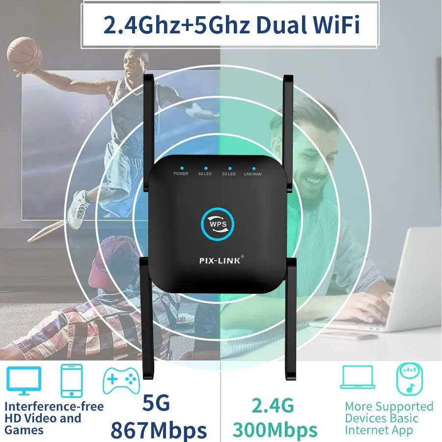 PIXLINK AC24 pengulang WiFi, penguat sinyal rumah 1200Mbps 2.4 & 5Ghz Dual Band nirkabel jarak jauh pengaturan cepat untuk penguat sinyal rumah