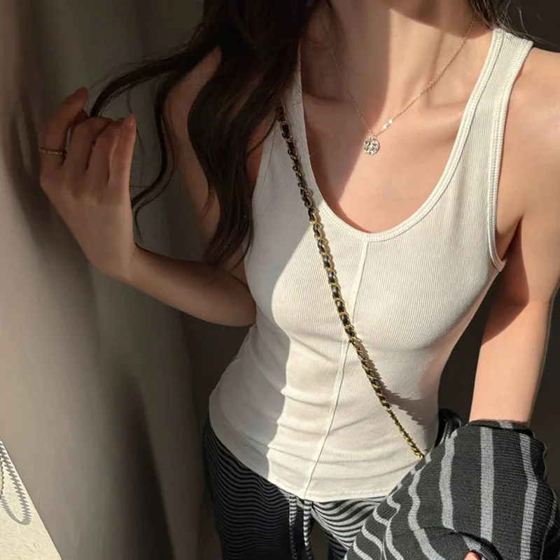 Solid Color V-neck Tank Top Women Black White Gray Patchwork Sleeveless Vest for Female Thread Slim Fit Stretch All-match Camis