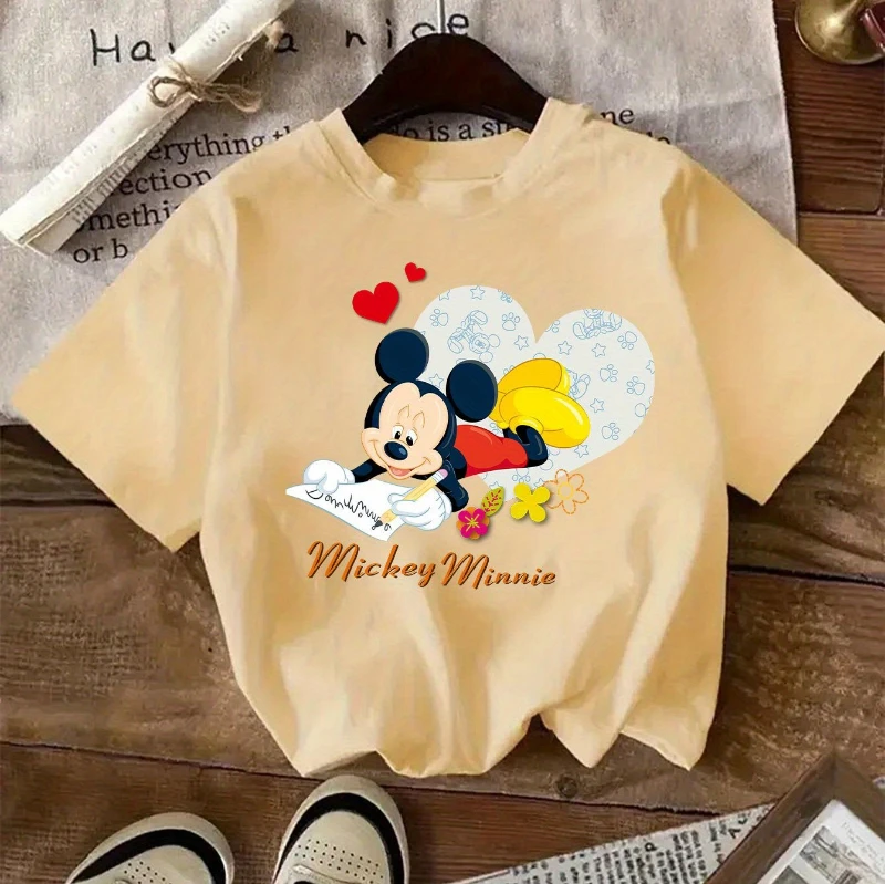 تي شيرت ديزني ميكي لوف فلاور كارتوني مطبوع، قميص كاجوال بأكمام قصيرة ورقبة دائرية، مناسب للصيف بأكمام قصيرة