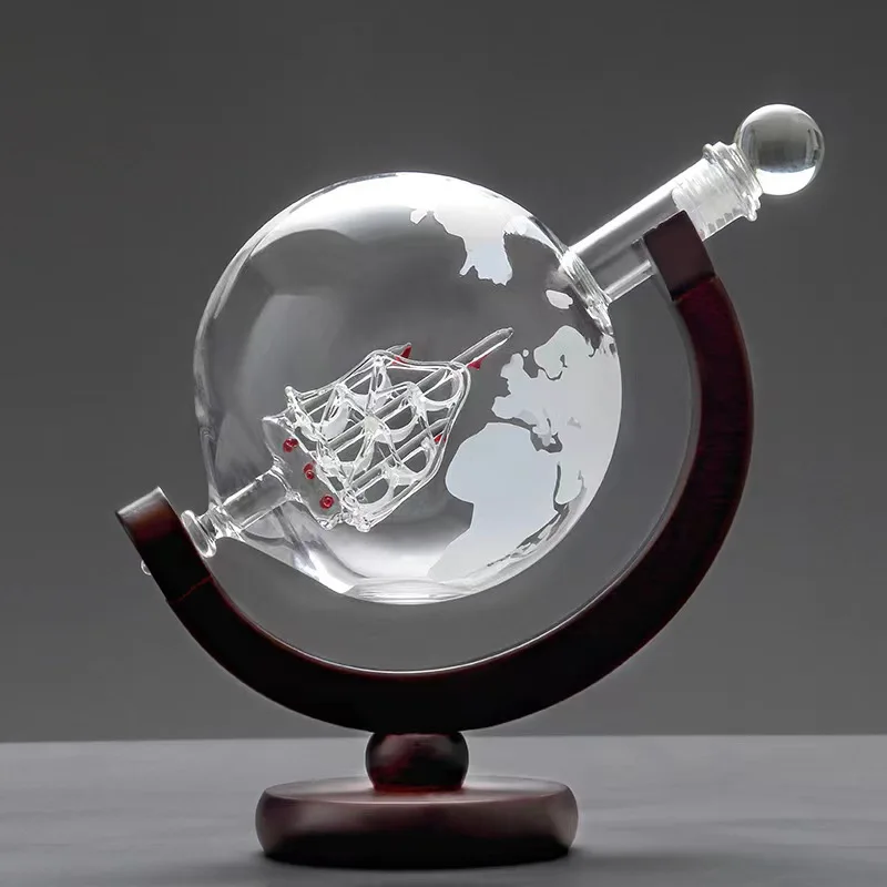 

Whiskey Glass Decanter Sailboat Globe Decanter Wine Dispenser Gift Glass Bottles Wooden Stand Bar Tools Bartending Set