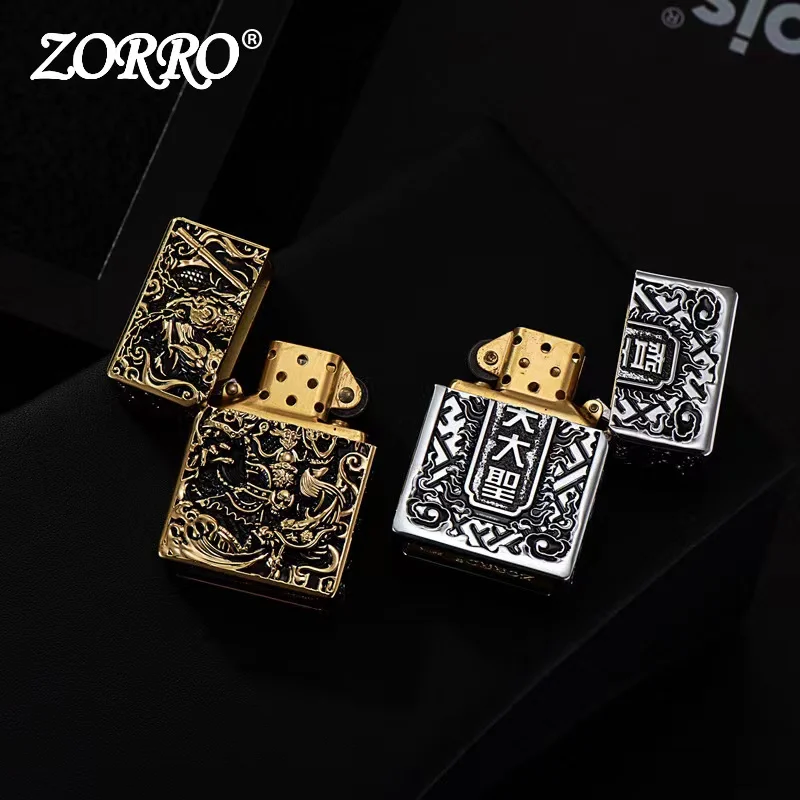 ZORRO Pure Copper Heavy Armor Kerosene Lighter Personalized Embossed Classic Grinding Wheel Ignition Windproof Lighters Smoking