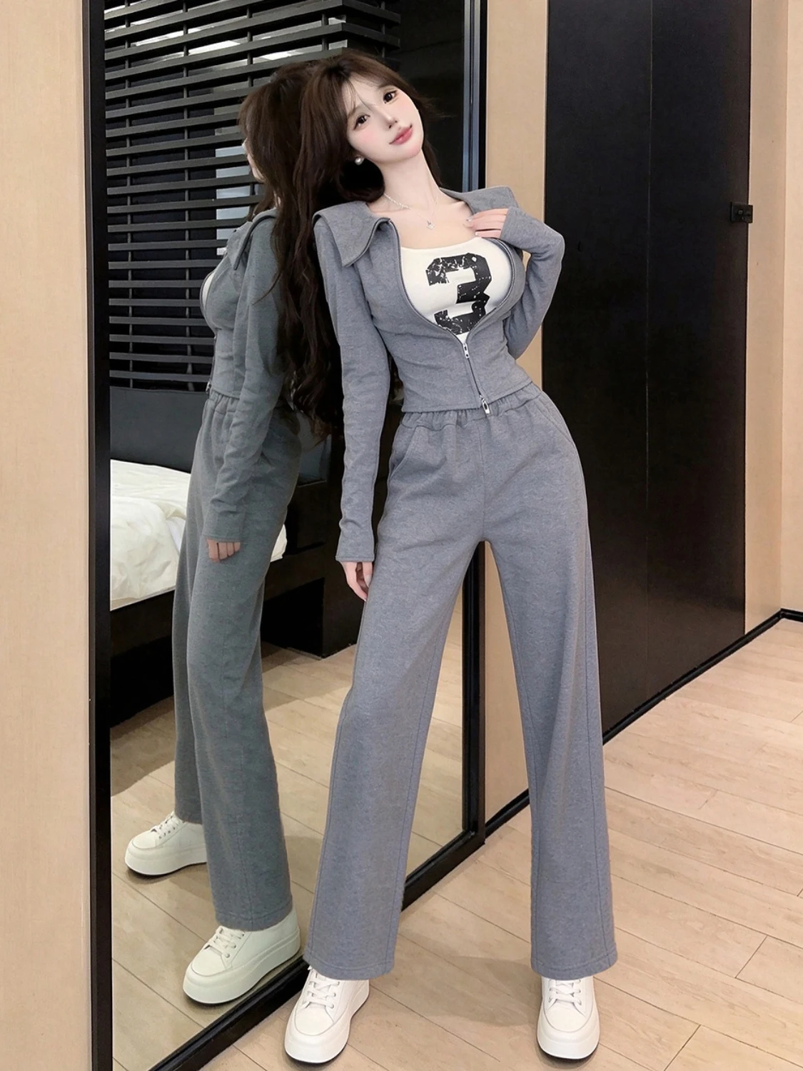 Sporty Hot Girl U-Neck Long Sleeve Vest Letter Print Inner Wear Grey Casual Pants Set Fashionable Autumn Outfit for Women