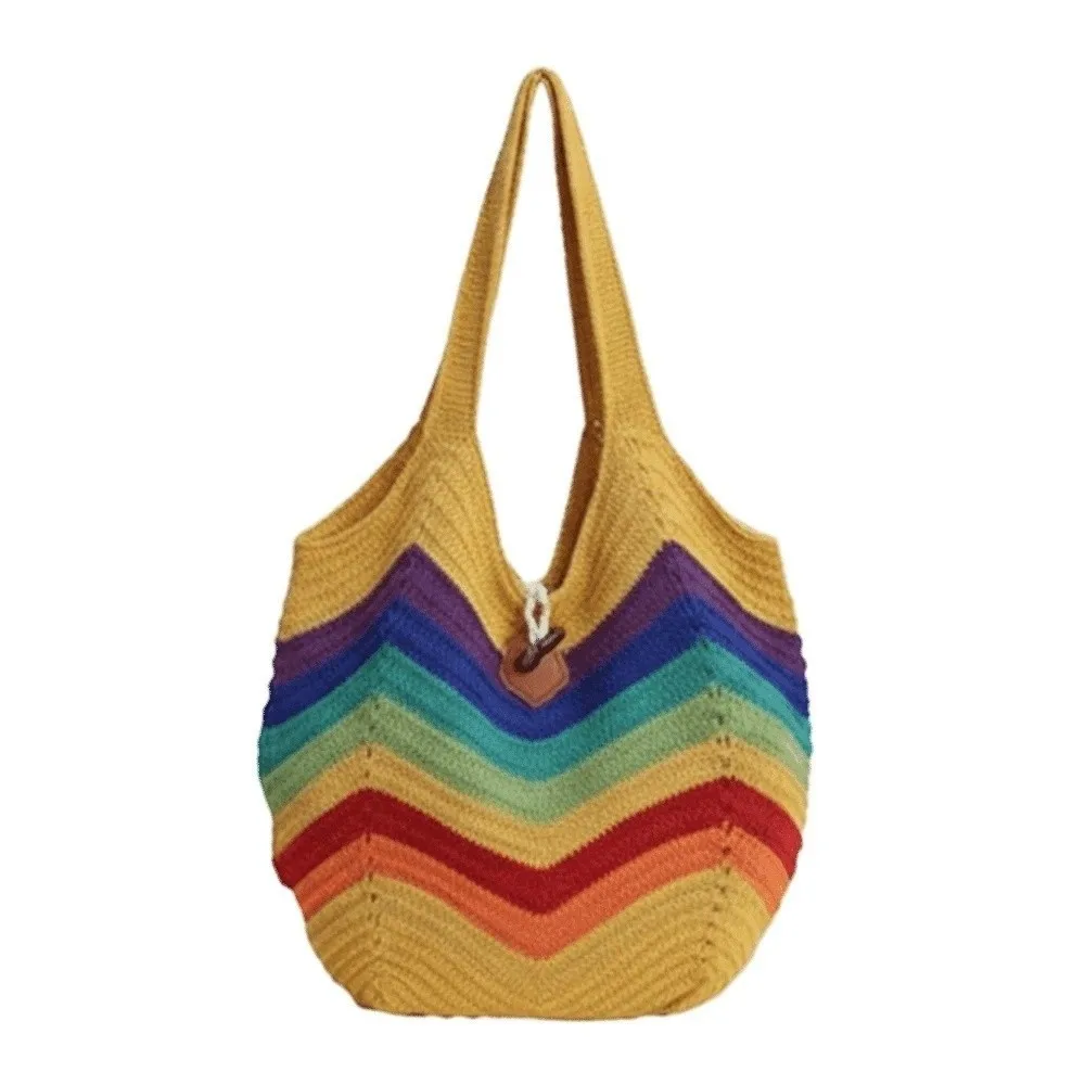 

Sweet Knitted Tote Bag Large Capacity Breathable Crochet Shoulder Bag Polyester Rainbow Color Seaside Vacation Handbag School