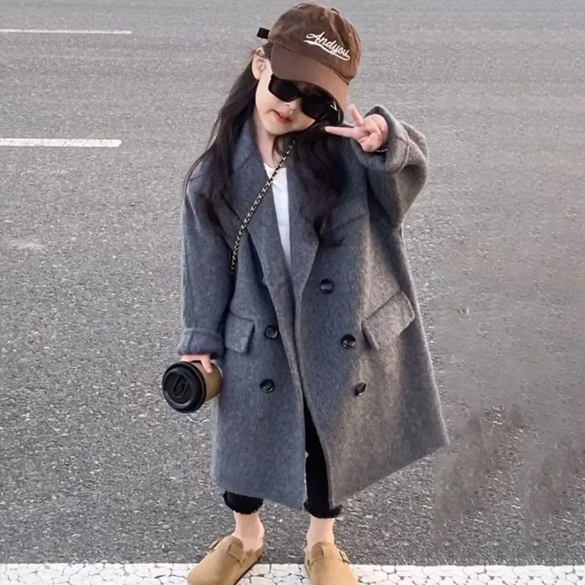 

90-150CM Children's Woolen Coat Autumn and Wnter New Mid Long Gray Overcoat Boys and Girls Thick Windbreaker