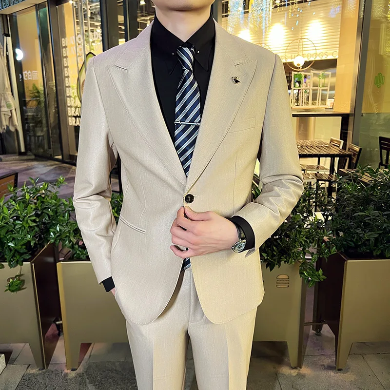 

New high-quality solid color (suit pants) business fashion handsome and comfortable trendy casual suit set groom dress