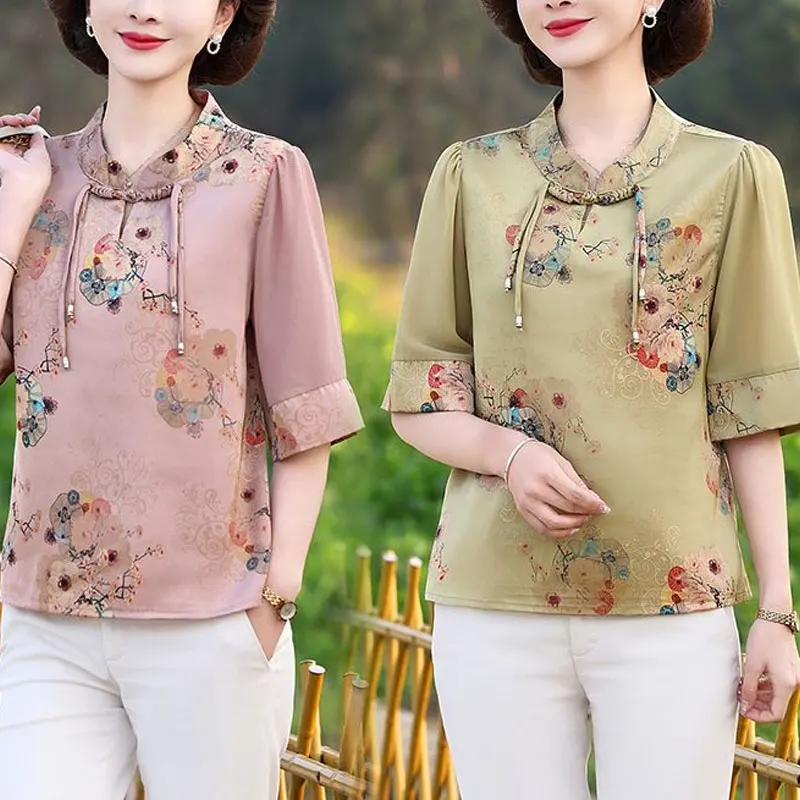 Stylish Stand Collar Loose Blouse 2024 Summer Vintage Floral Printed Women\'s Clothing Folk Chinese Disc Buckle Half Sleeve Shirt