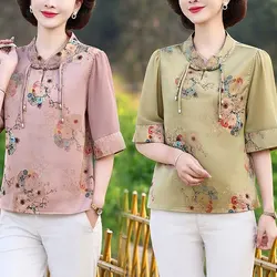 Stylish Stand Collar Loose Blouse 2024 Summer Vintage Floral Printed Women's Clothing Folk Chinese Disc Buckle Half Sleeve Shirt