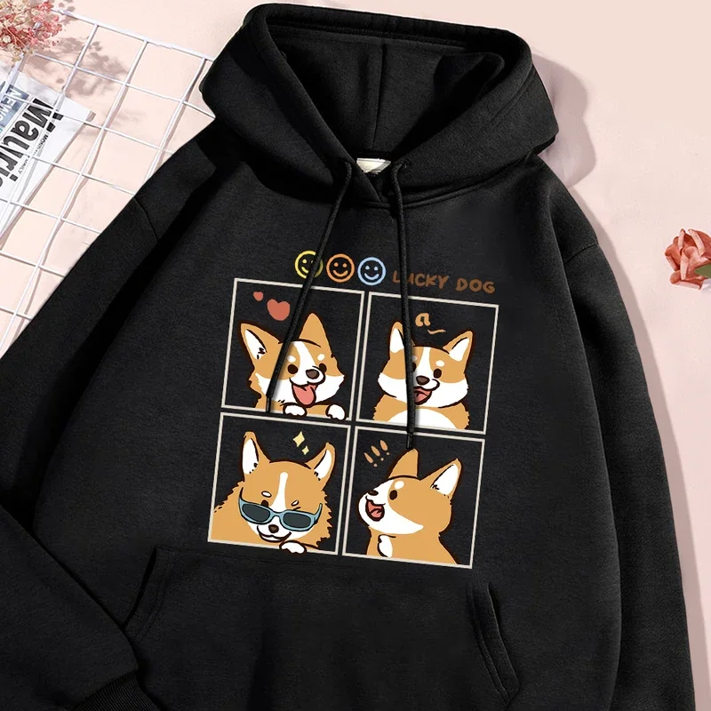 Four Different Moods Of Lucky Dog Chai Gou Prints Men Hoodie Harajuku Fleece Hoody Fashion Crewneck Sweatshirt Vintage Oversize