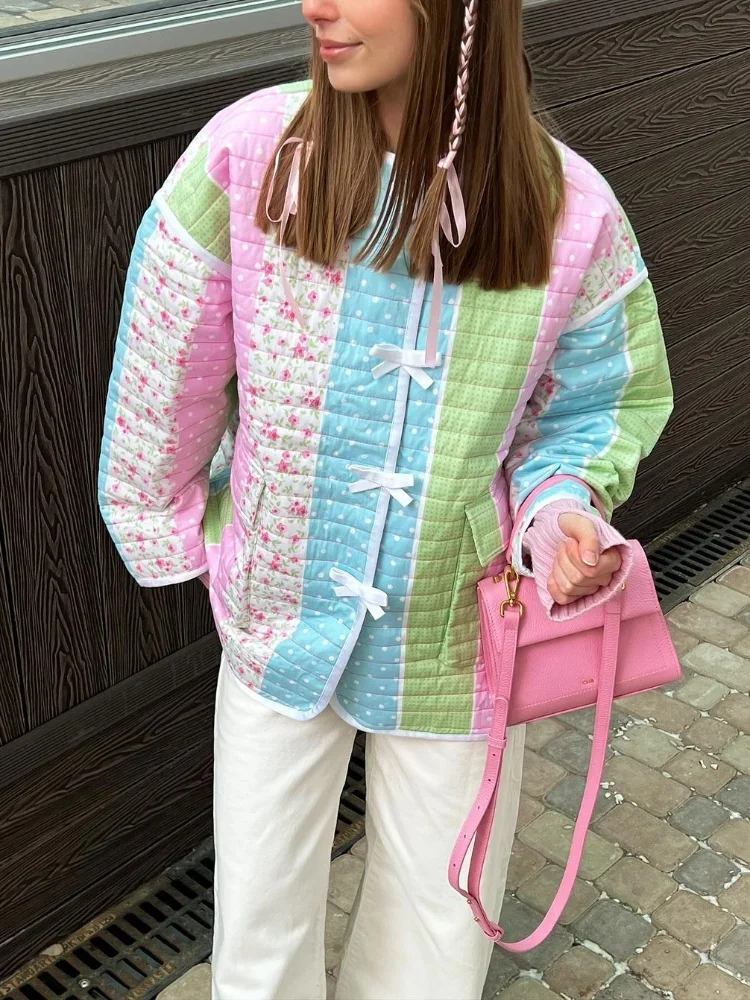 Dame kleurrijke bedrukte strik katoenen jas dames ronde hals enkele rij knopen jas met volledige mouw 2025, nieuwe mode dagelijkse straat uitloper