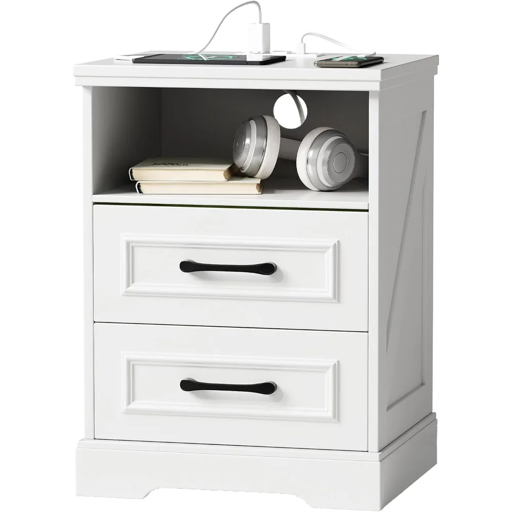 

Farmhouse Nightstand with Charging Station, Rustic Wood Night Stand with 2 Drawers and Storage Shelf, Bedside Table with Type C,