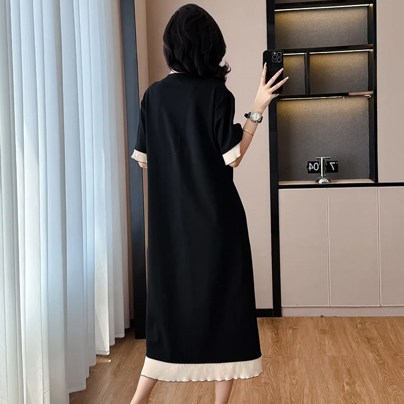 Robes d'été coréennes pour femmes, en dentelle, épissure, manches courtes, décontractée, ample, slim, taille haute, Maxi T-shirt