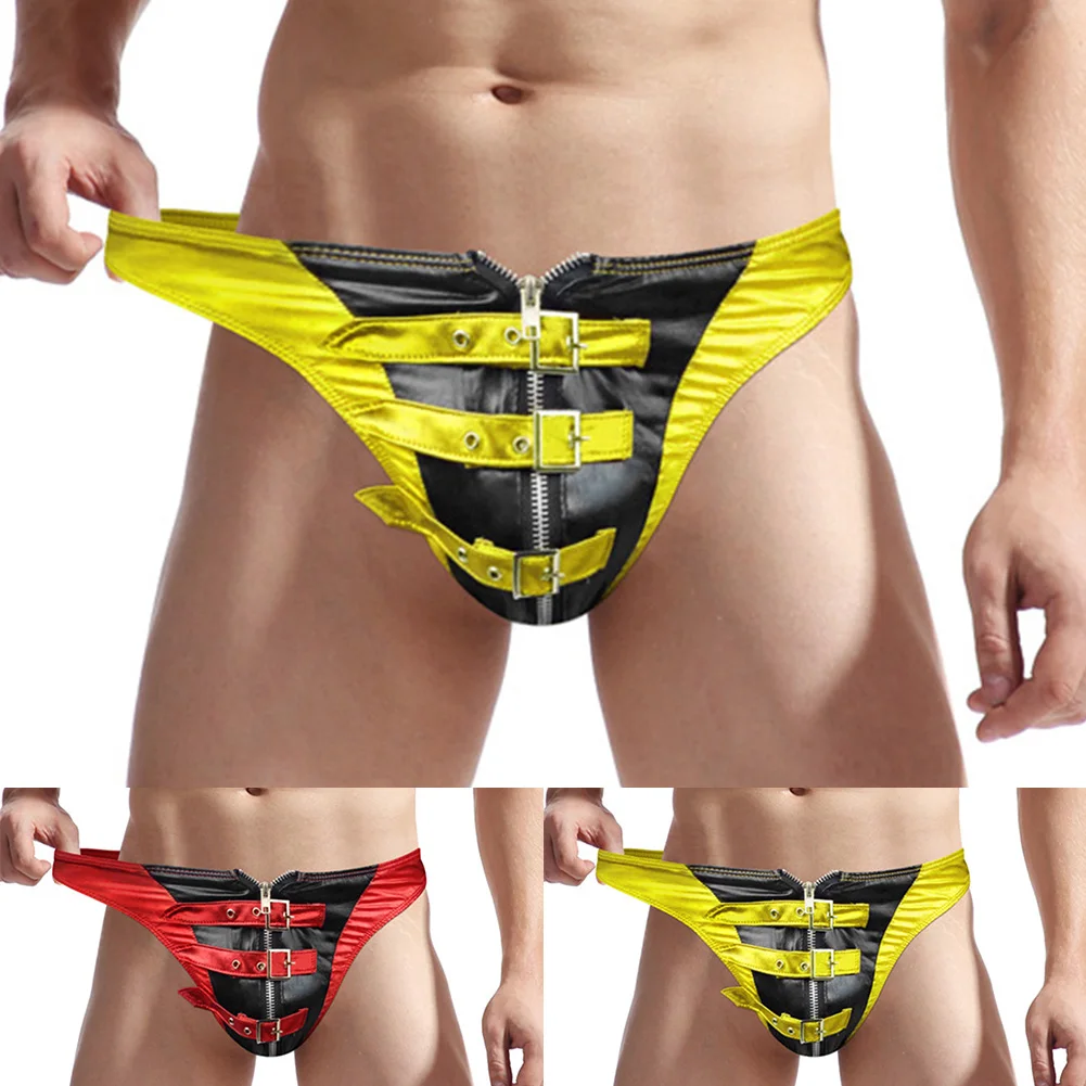 Suspensorio Sexy para hombre, lencería de cuero sintético, calzoncillos con bolsa, Tanga, tangas abiertas, ropa interior para hombre, Slip mejorar la espalda en T