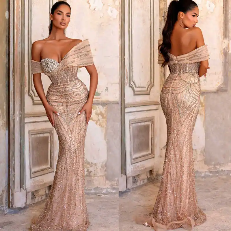

Exquisiter SequinS Evening Dresses Off Shoulde Mermaid Beadeds Prom Gowns Crystals Formal Party Red Carpet Custom Made
