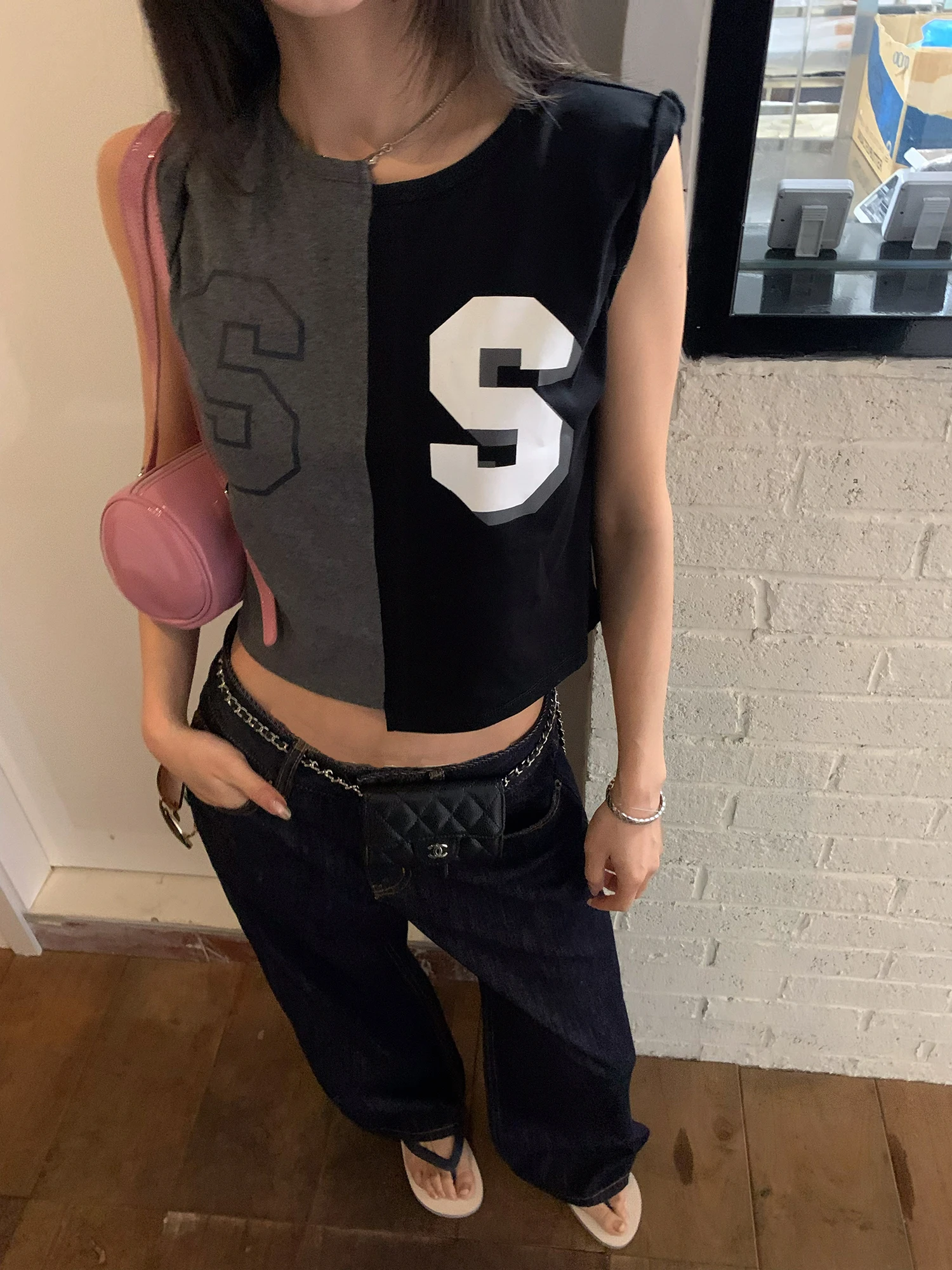 

Женский вязаный жилет в американском уличном стиле с цветными блоками и принтом, с круглым вырезом, из смесового хлопка