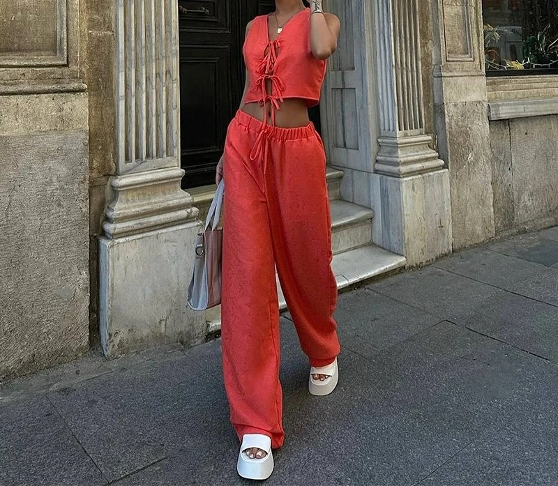 

Women's Clothing 2025 Summer New Item Solid Color V-neck Strap Vest Top Wide Leg Pants Casual Set