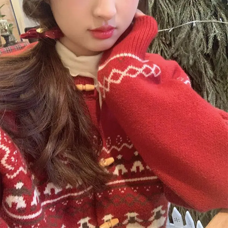 Fair Isle Sweater Jacquard Thickened Nordic Style Knitted Sweater Cardigan Top Christmas Jacket