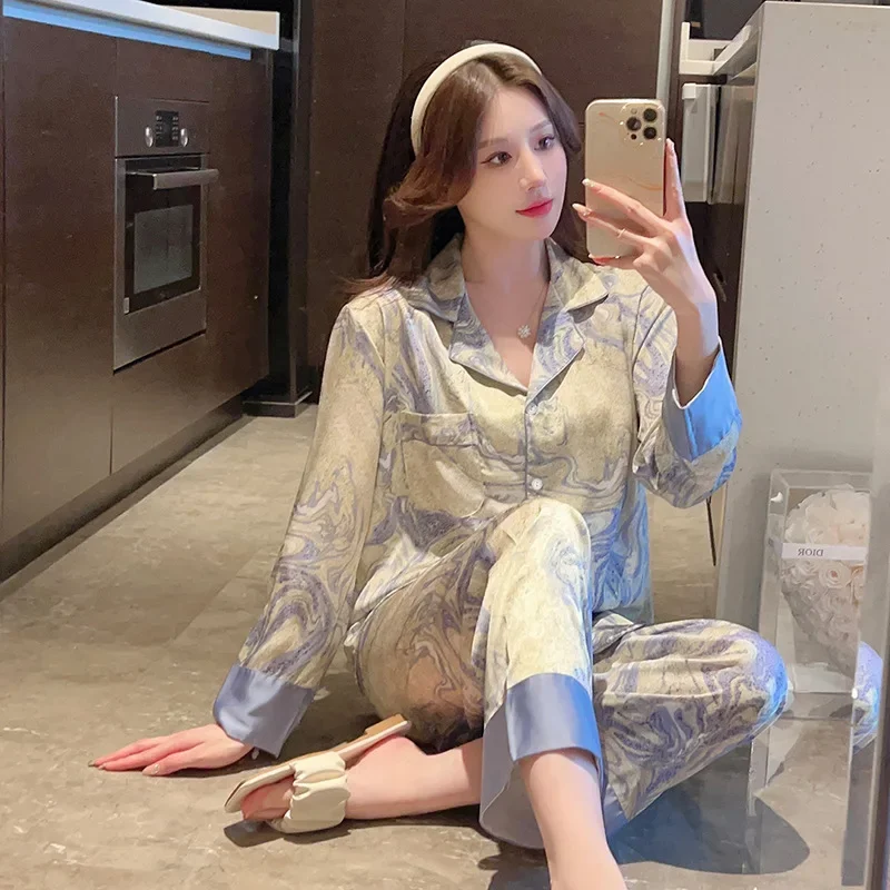 Sleepwear Women's Clothes Suits Spring Thin New French Ice Silk Home Soft Simple Cozy Loose Skinny Cool Breathable Temperament
