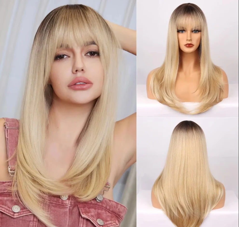 

Long Straight Dark Root Gradient Blonde Wigs With Bangs Synthetic Wigs for Women Daily Wear Cosplay Heat Resistant Hair