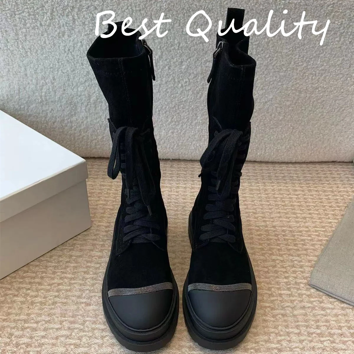 2024 Summer Women's Long boots Cow suede material Round headed flat bottomed Comfortable foot feel Lace-up Round head