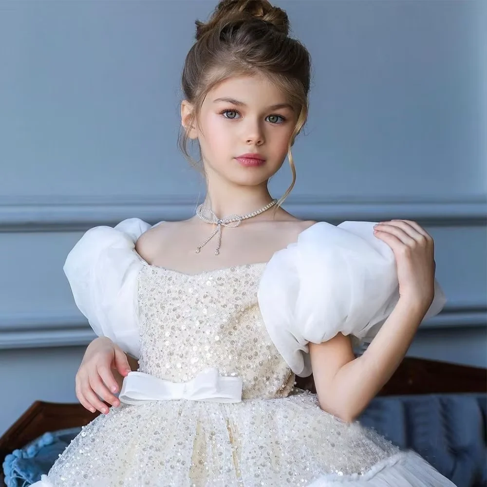 

Dream Luxury Girls Birthday Party Summer Sequin Wedding Dress Baby Elegant Princess Puffed sleeve Flower Child dress 0-12 years