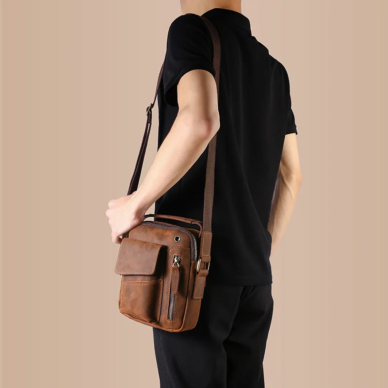 

Cowhide Men Small Shoulder Bag Vintage Crazy Horse Leather Male Crossbody Messenger Bag Luxury Casual Handbag Travel Bolsos