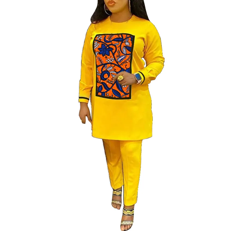 African Clothing Yellow Women\'s Set Tops Set Casual Female Ankara Outfits Traditinal Event Wear