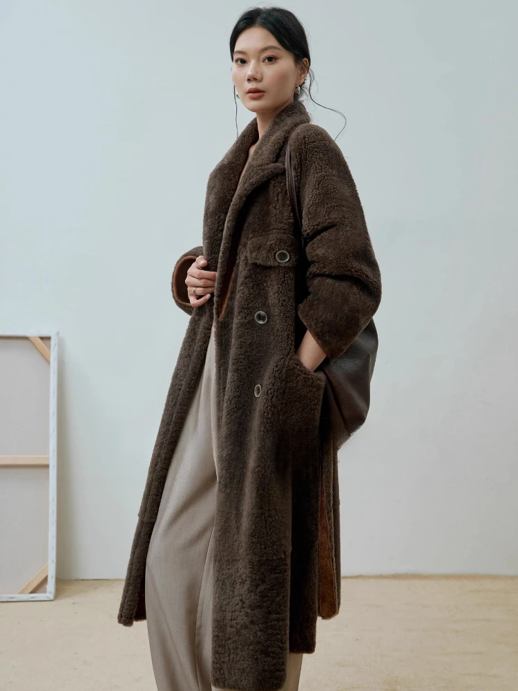 High-end Luxury Natural Lacon Lamb Fur Long Winter Jackets for Women Simple Fluffy Warm Genuine Leather Real Fur Coat with Belt