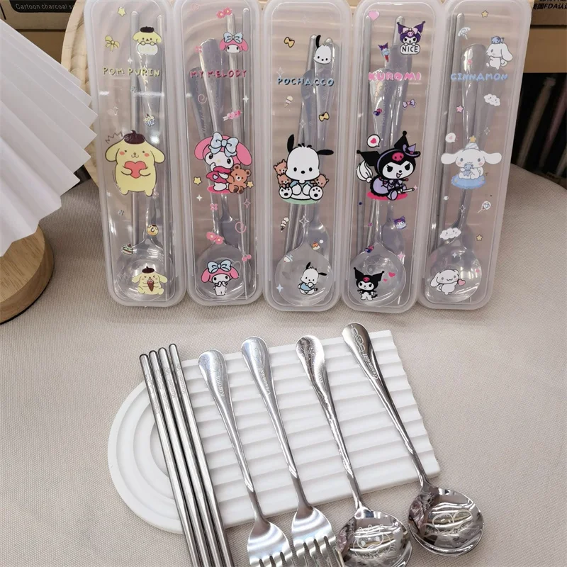 

New Sanrio Cutlery Set Kawaii Kuromi Spoon Fork Chopstick Tableware Set Portable Dinnerware for Kid Anime Flatware with Box