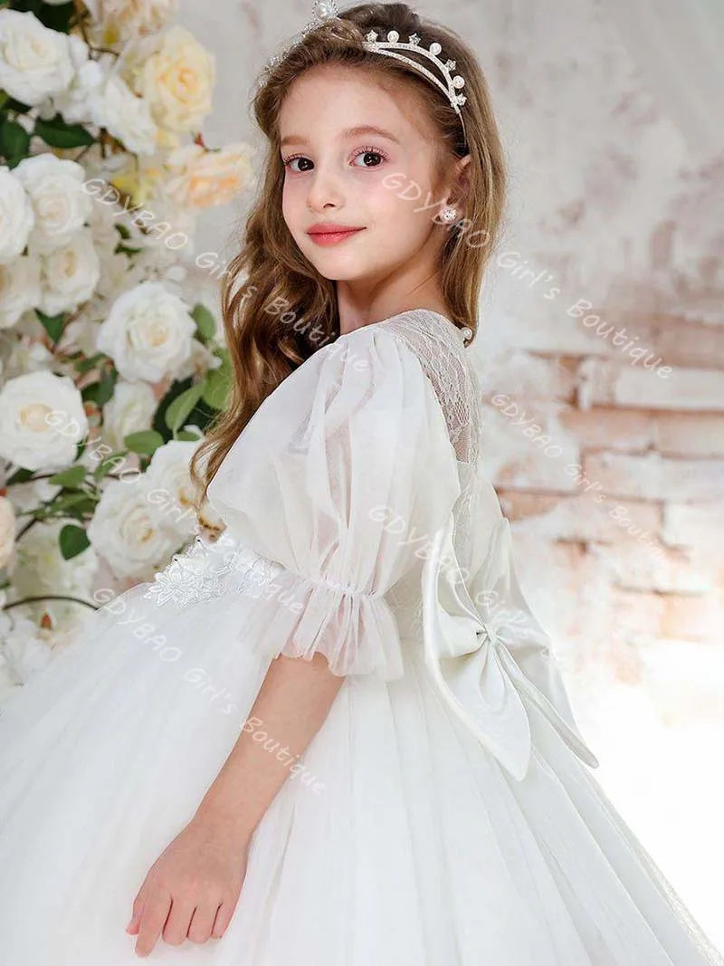 Ivoor Kant Bloemenmeisje Jurken voor Bruiloft Pure Hals Ballon Mouw Optocht Communie Jurk Aangepaste Kinderen Enkellange Feestjurk