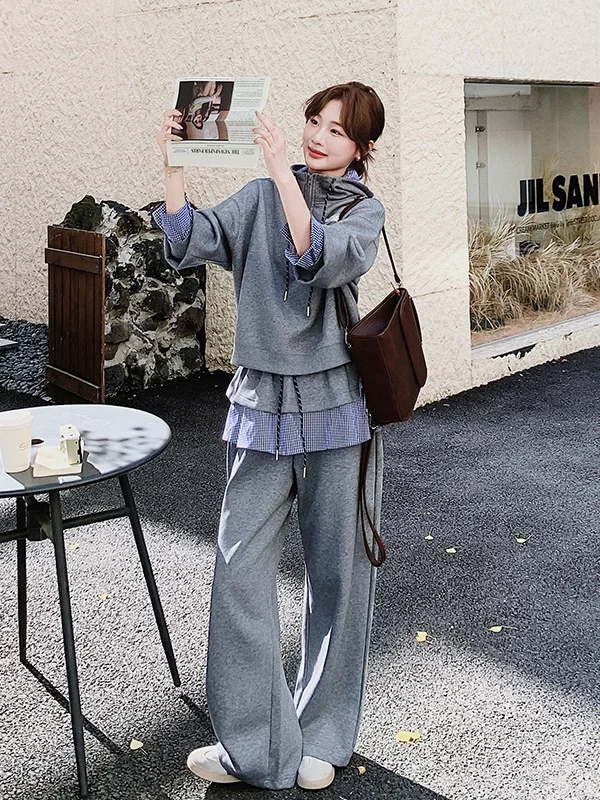 

Комплект из худи в клетку с пэчворком и широких брюк: женский повседневный костюм-двойка для весны и осени, с высокой талией, приталенный, для взрослых, модный