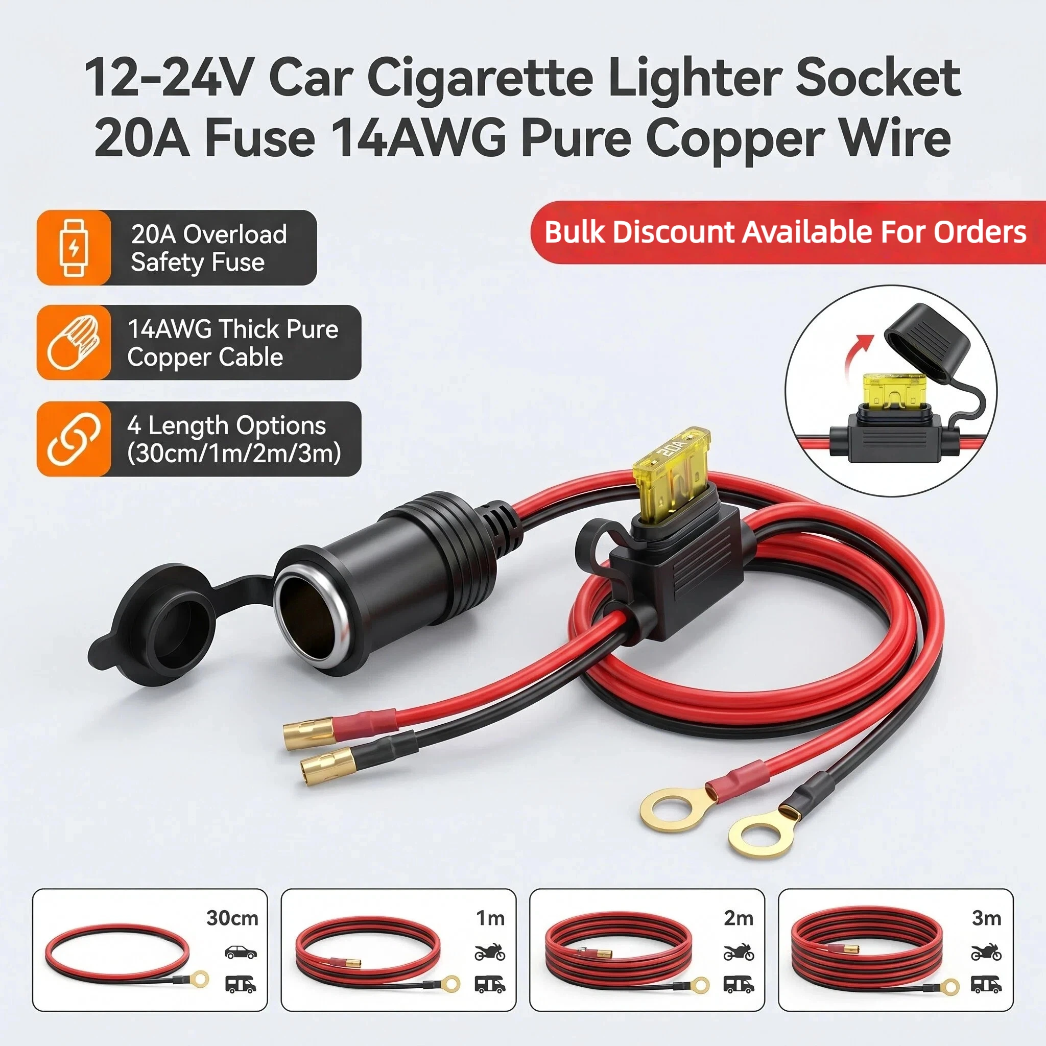 Cabo Extensor de Tomada de Isqueiro Automotivo 20A 12-24V 14AWG com Fio de Cobre Puro e Fusível 30cm-3m para Veículos, RVs e Barcos