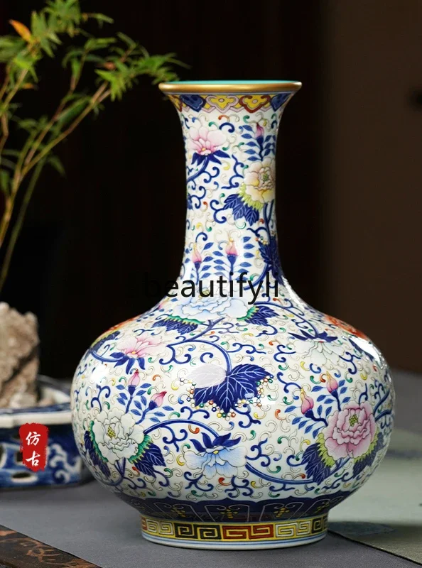 Hand painted antique Jingdezhen vase ceramic vase ornament living room blue and white porcelain bogu frame porcelain