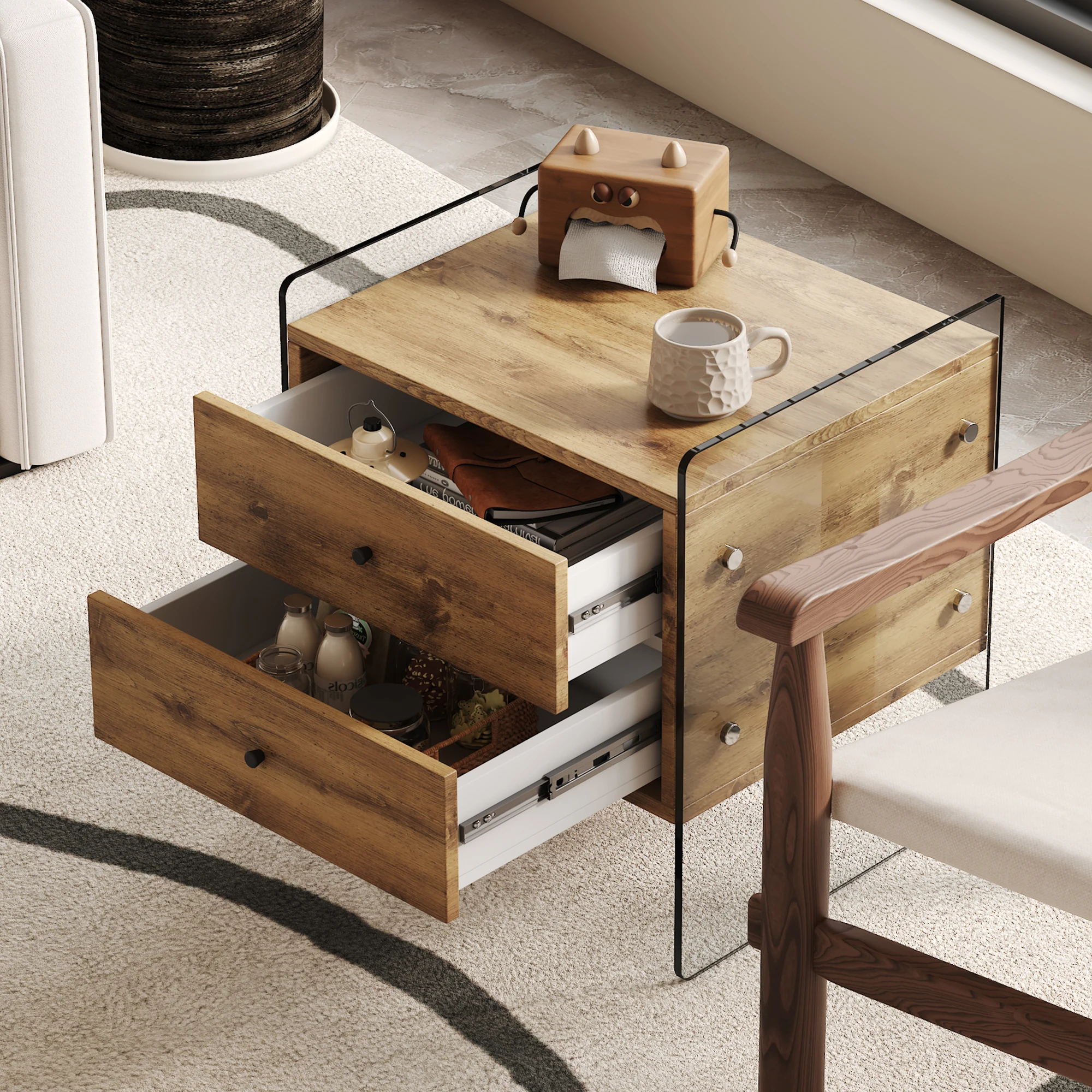 

Double-drawer bedside table, and both sides are transparent tempered glass, Decoration in in Living Room, Stable Steel Fram