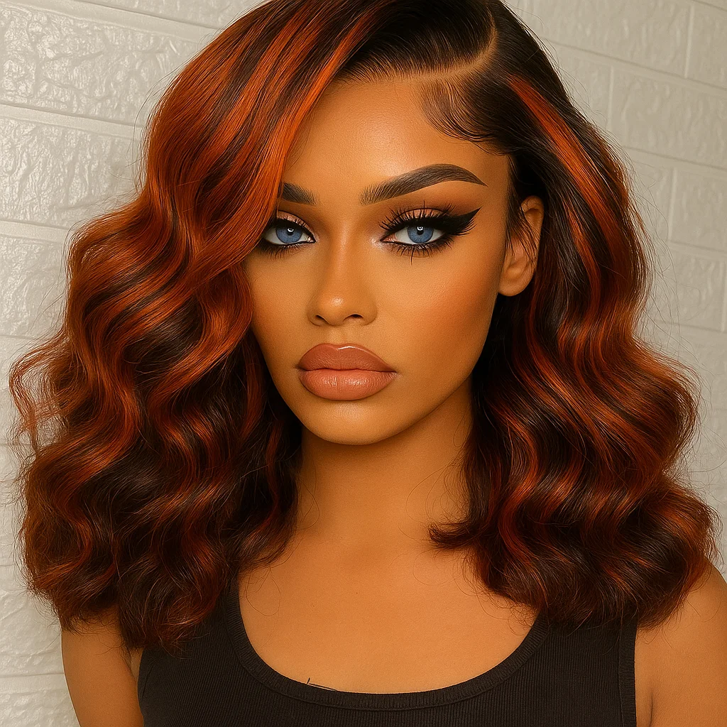 # Peruka typu bob z krótkimi włosami, falowane, z przedziałkiem z przodu, wykonana z ludzkich włosów, ombre balayage, bezklejowa, 13x4, w kolorze brązowym z czerwonymi pasemkami, dla czarnoskórych kobiet.