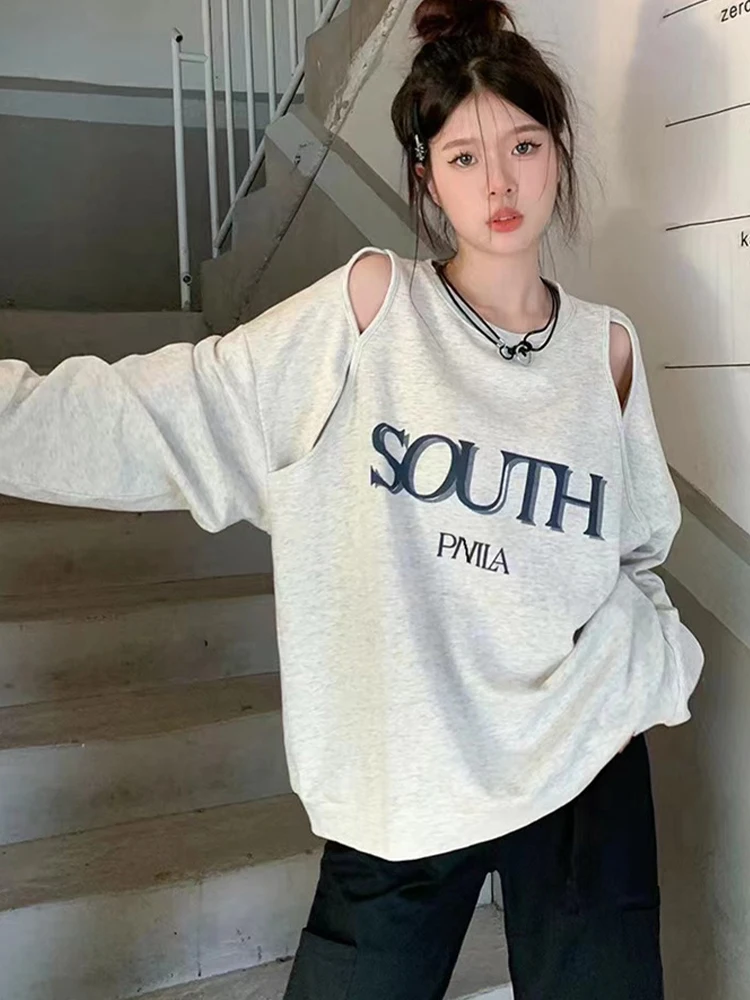 

Off Shoulder Sweatshirts Women Korean Fashion Vintage Letter Print Pullover Female Sexy Hollow Out Long Sleeve Y2k Streetwear