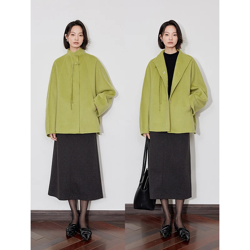 TOYOUTH Women Woolen Coats 2024 Winter New 2024 Winter New Chinese Style Double Side Stand Collar Green Woolen Jacket