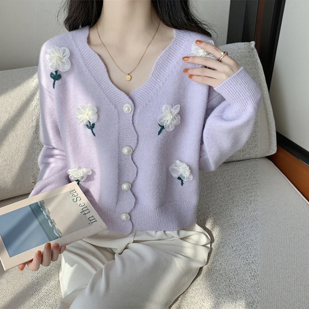 

Women's Korean Style Knit Cardigan Autumn Casual Long Sleeve V-Neck Coats Elegant Contrast Color Single Breasted Top