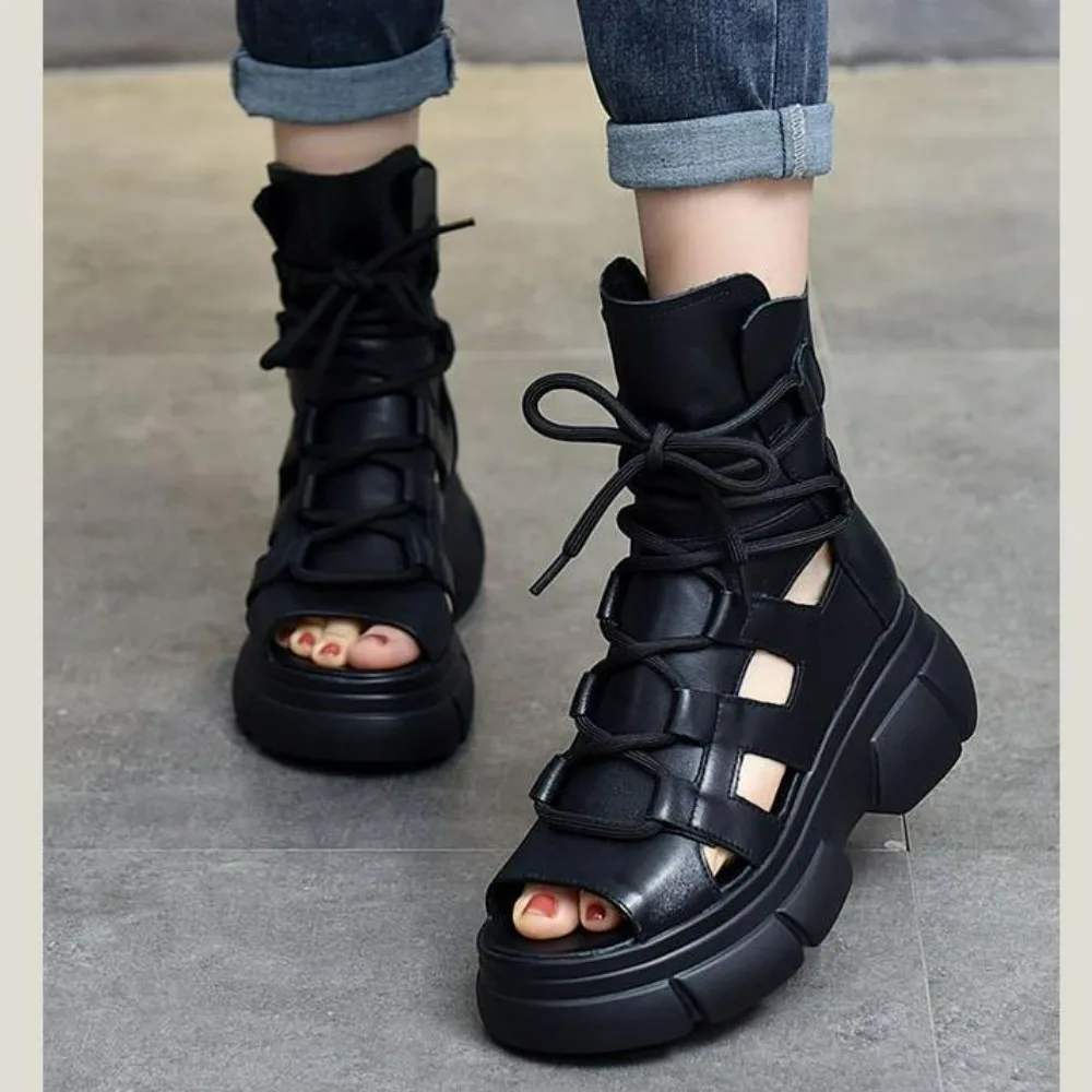 New Summer Hollowed-out Breathable Thin Roman Sandals Women High-heeled Platform Sandals Wedge Platform Gladiator Shoes