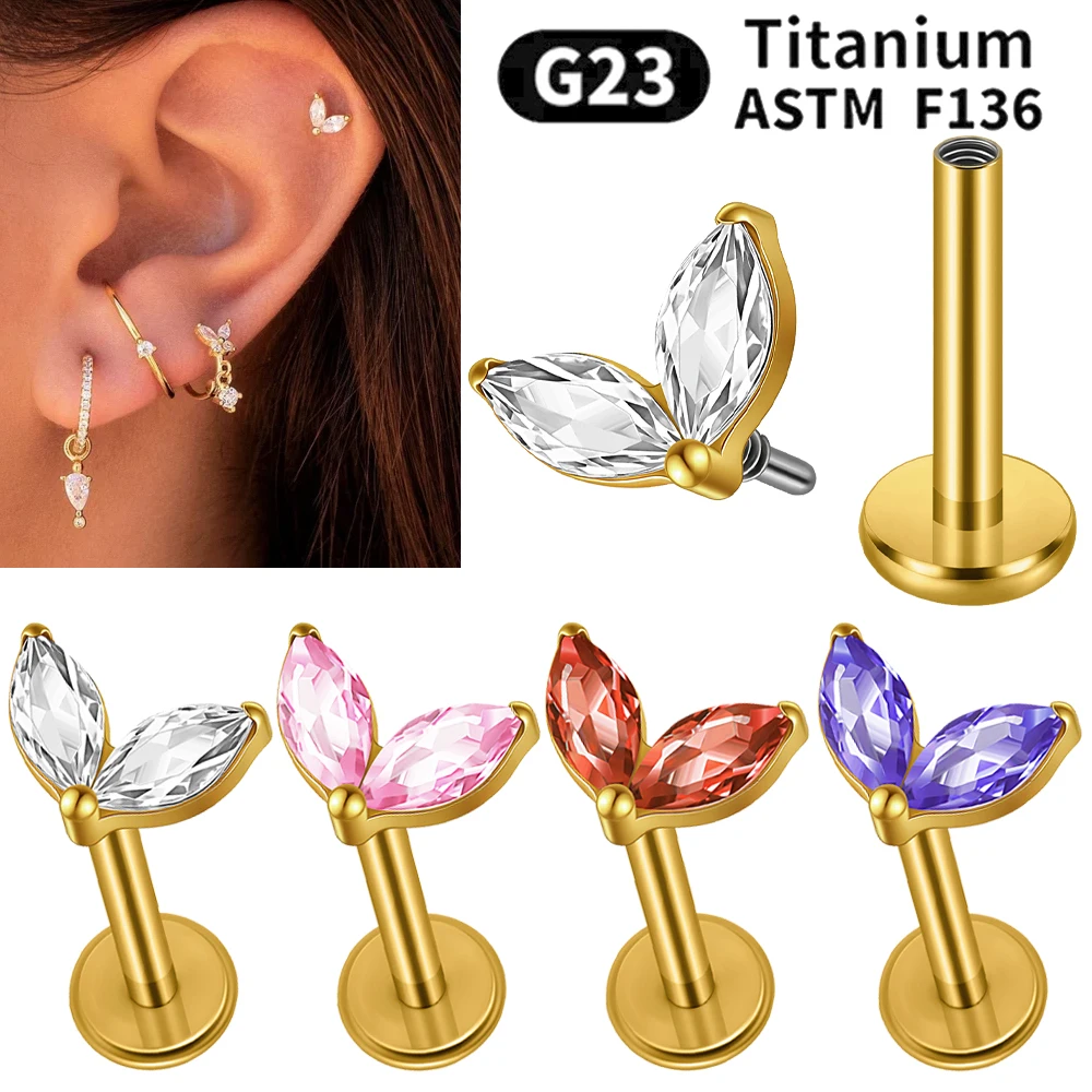 G23 Titanium Marquise CZ Stud Earring Dainty CZ Leaf Ring Gold Flat Back Labret Rings Internal Thead Cartilage Helix Jewelry 16G