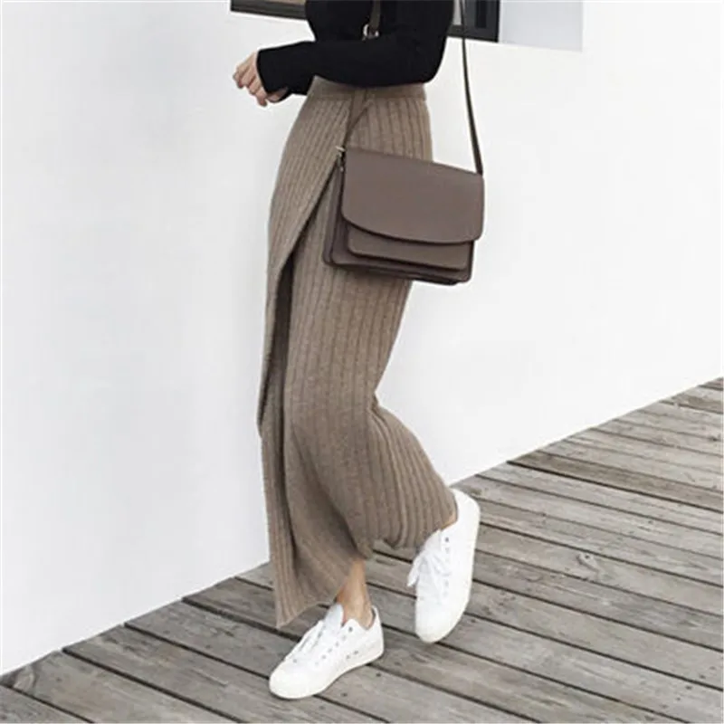 Fashion New Retro Fashion Side Fork Sexy High Waist Pencil Rib Knit Long Skirt Woolen Skirt Korean Fashion Clothing 2024 Winter