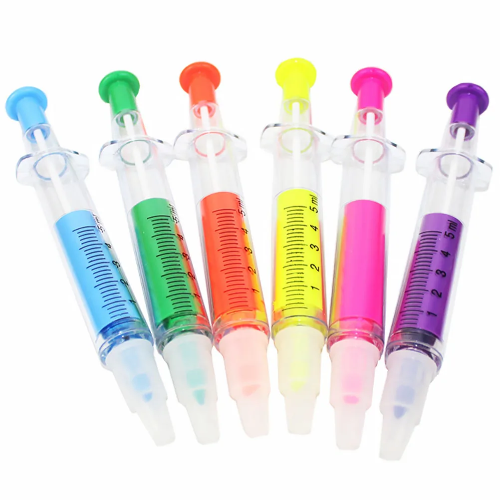 

6pcs Highlighter Pens Needle Tip Markers Pastel Colors Syringe Designed Writing Tools Students Stationery Practical Gifts