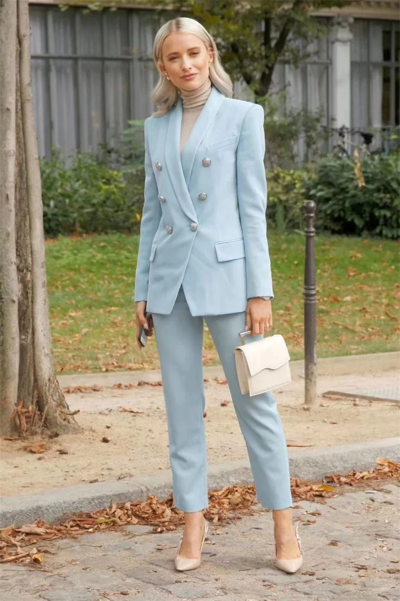 Spring 2023 Women Suits Set Blazer+Ninth Pants 2 Pcs Tailored Made Formal Office Lady Jacket Light Sky Blue Double Breasted Coat