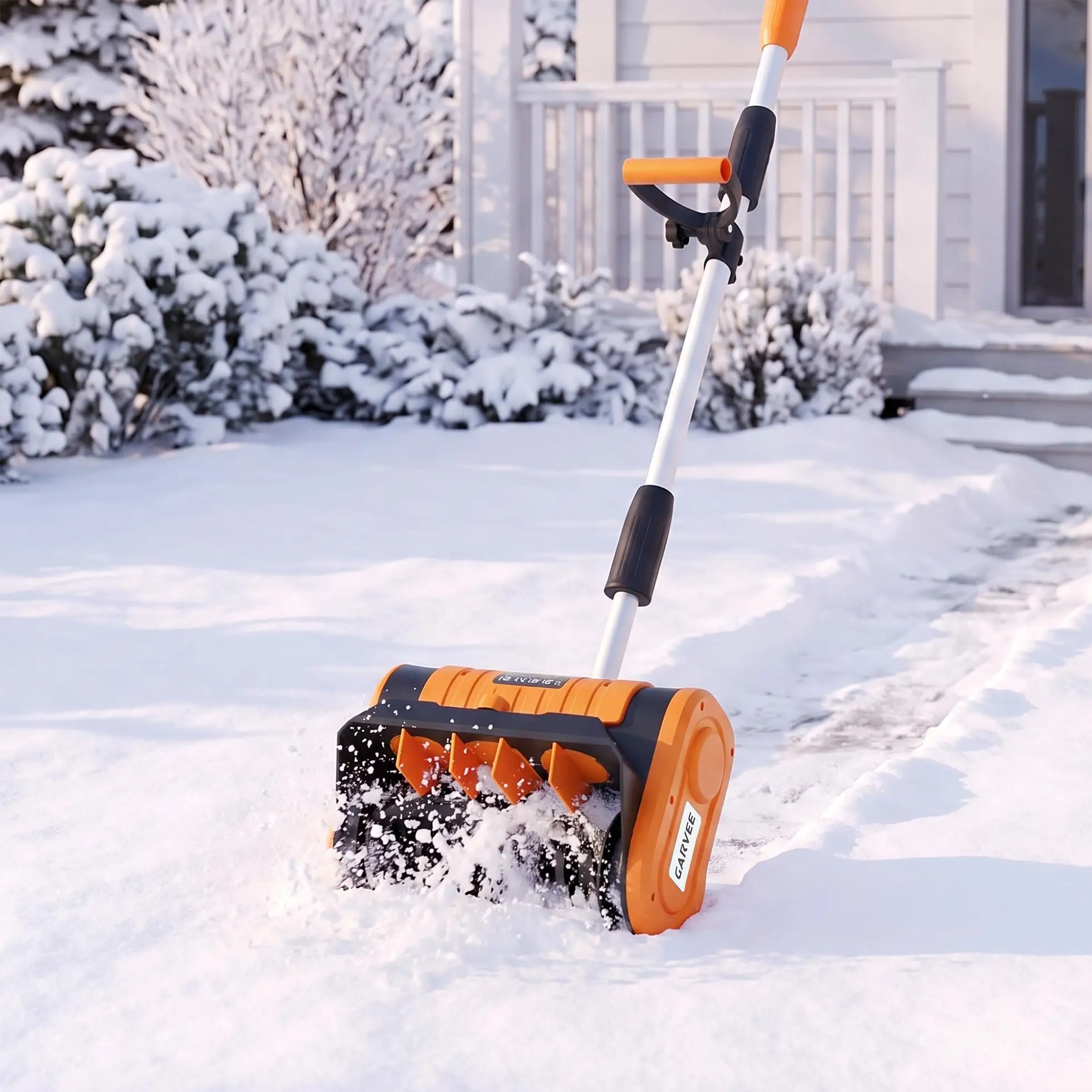 Electric Snow Shovel 12 Inch, 350W Handheld Snow Blower for Driveway Steps Patio, Lightweight Telescopic Handle, Orange