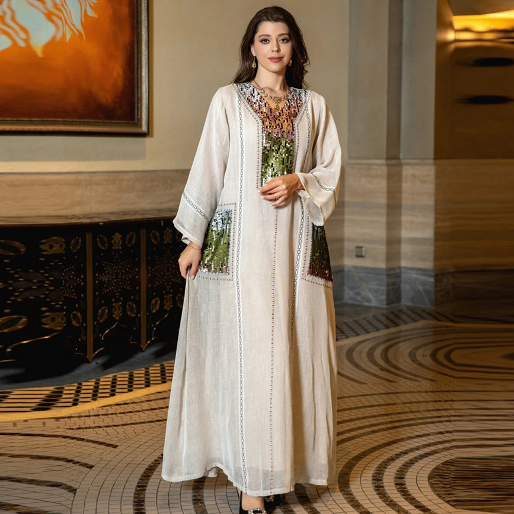 

Dubai Muslim Women Sequins Long Dress Luxury Party Gown Ramadan Islam Jalabiya Eid Djellaba Caftan Marocain Femme Robe Vestidos
