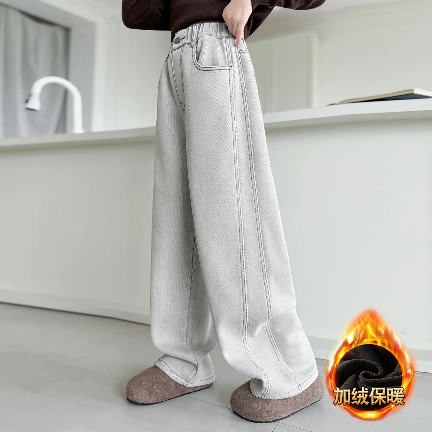 Pantalon carmesim en velours côtelé chaud pour filles, Style ample, épais, de rue, isolé, Denim blanc, automne et hiver