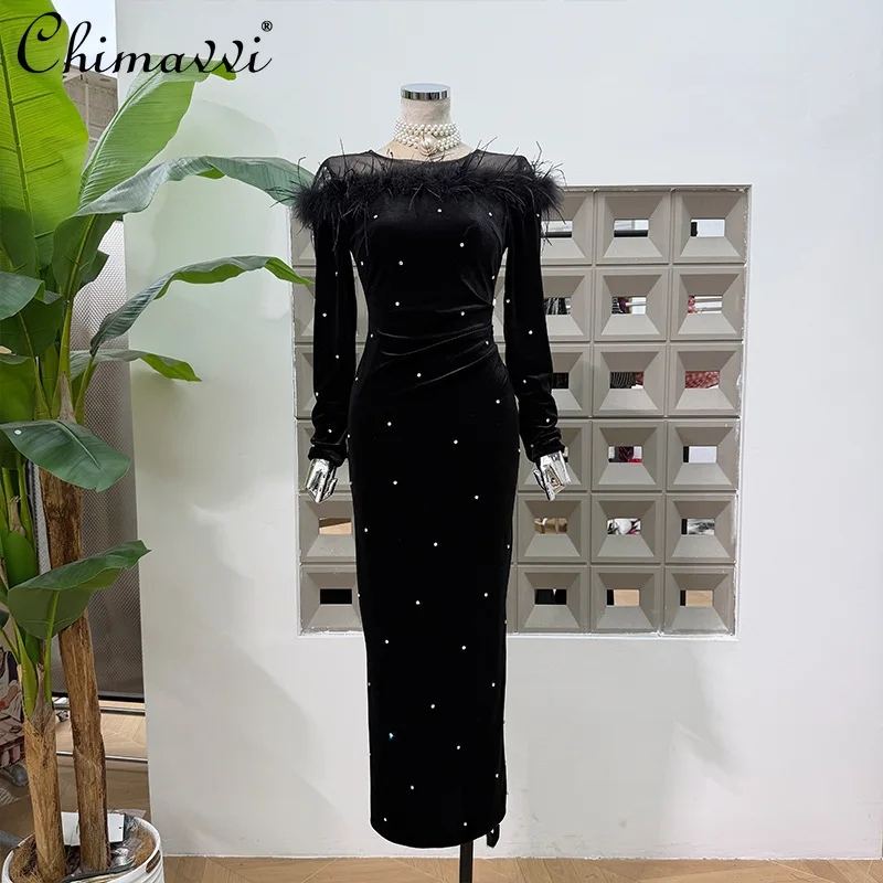 

French Style Elegant Round Neck Long Sleeve Diamond Feather Patchwork High Waist Bodycon Black Long Evening Dress Women Autumn