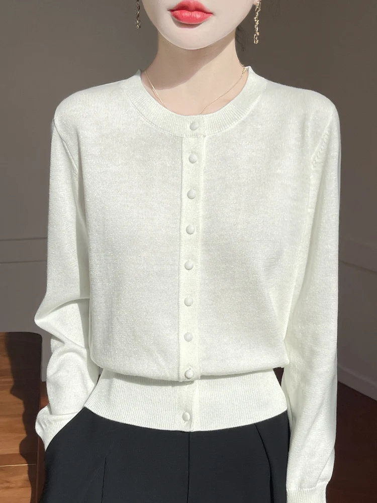 

TLOML Новинка ранней весны: Женский шерстяной кардиган с круглым вырезом и пуговицами, однотонный базовый кашемировый свитер, мягкий и удобный трикотажный топ